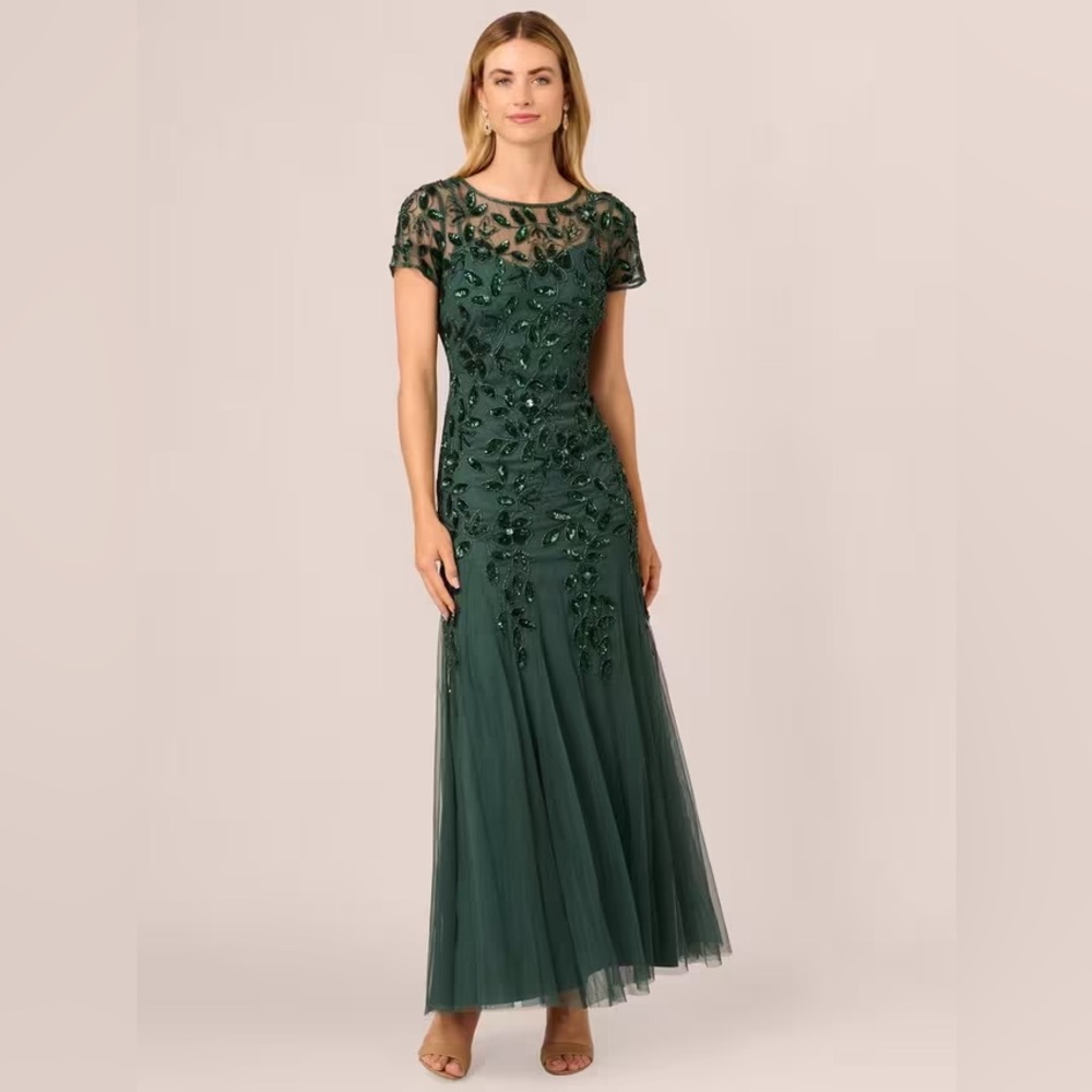 Adrianna Papell Emerald Green Beaded Mesh Gown Formal Evening Dress size 20 MOB